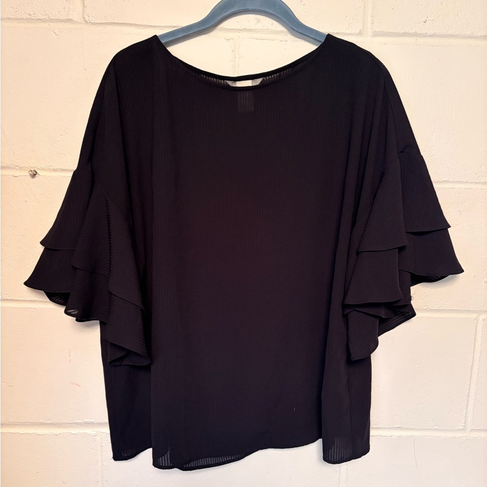 Elegant Dark Blue Ruffle Sleeve Top